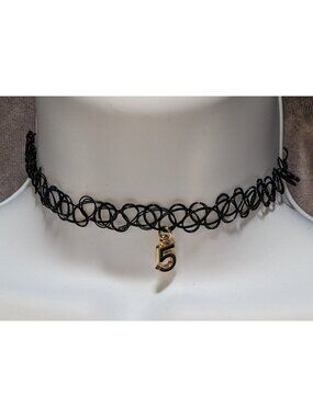 Black Stretchy Tattoo Choker Necklace With Gold Number 5 Charm Adjustable Fit 90